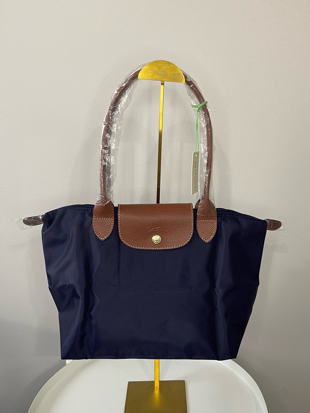 Medium Navy Tote with Brown Trim - Classic Everyday Shoulder Bag